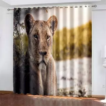 3D печать дешевые африканские дикие животные лев король королева 2 шт тонкие затемняющие оконные занавески гостиная спальня домашний декор крючок 100W130H(CM)40x51in&Rod Pocket