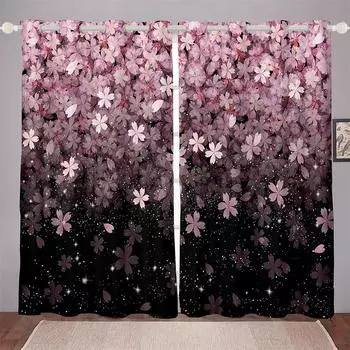 3D печать дешевые современные цветы вишни 2 шт тонкие затемняющие занавески гостиная спальня украшение дома взрослые декоративные 100W130H(CM)40x51in&Hook
