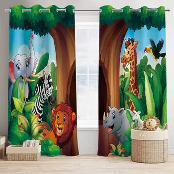 3D-печать джунглей Животный мир милый тигр мультфильм принт шторы гостиная спальня детская комната декор 2 панели 50W130H(CM)X2PCS&Grommet Top