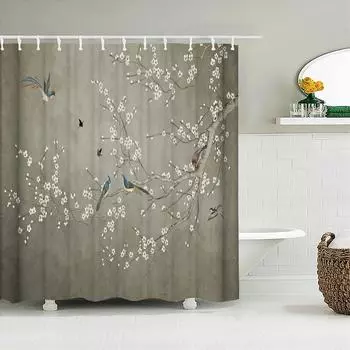 3D Печать Китайский Цветок Птица Тушь Пейзаж Занавеска для Душа Ванная Водонепроницаемая Занавеска для Ванны с Крючками Моющаяся Ткань Декор W90xH180cm