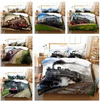3D-печать паровой ретро-поезд постельное белье King Queen Bed Down пододеяльник и наволочка 2/3 шт ультратонкие волокна быстросохнущие украшения для спальни Baby 100x135cm