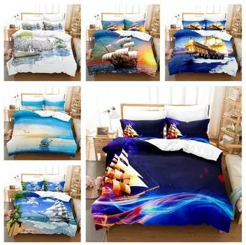 3D печать Роскошный комплект постельного белья Парусник Пух Пододеяльник Наволочка 2/3 шт. DE200 * 200 Полноразмерная супер большая кровать Мягкий домашний текстиль на молнии Baby 100x135cm