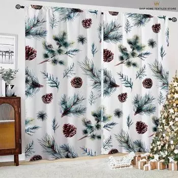 3D-печать рождественских штор, шишка, текстура древесины, украшение на рождественскую елку, ресторан, новогодняя вечеринка W50X130H(CM)X2PCS&Grommet Top