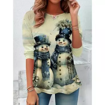 3D-печать Рождественский снеговик Круглый вырез футболки с длинным рукавом Модная женская одежда Повседневная одежда Y2K Женская одежда Харадзюку XL