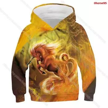 3D-печать Толстовка с капюшоном с изображением лошади Осень-зима Для детей Для мальчиков и девочек Толстовки с изображением животных Harajuku Спортивный костюм для малышей Детский пуловер с изображением единорога 100CM