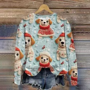 3D-печать толстовки женские с длинными рукавами пуловер топ блузка с принтом уродливой собаки топ с круглым вырезом новогодние толстовки свободная женская одежда S