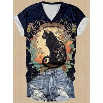 3D-печать Женская футболка с принтом Футболка Повседневная Элегантная Короткий рукав V-образный вырез Темно-синяя Летняя S