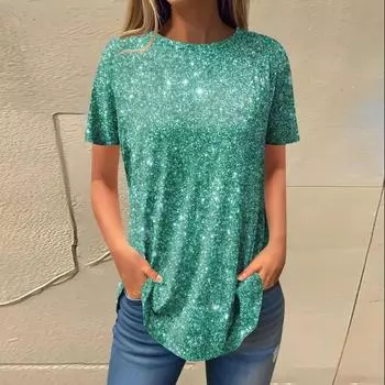3D-печать Женская мода Повседневный круглый вырез с принтом пайеток короткий рукав пуловер футболка Топ S