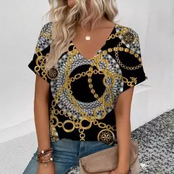 3D-печать, женская высококачественная футболка с V-образным вырезом, ретро-футболка с узором в виде золотого ожерелья, модная футболка с принтом, женская футболка с короткими рукавами S