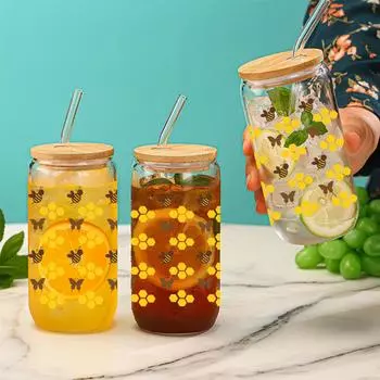 3D Печать Золотые Соты Пчела Бабочка Узор Сублимация Стеклянная Соломинка Стакан для Сока Бутылка с Бамбуковой Крышкой для Подарка 16oz