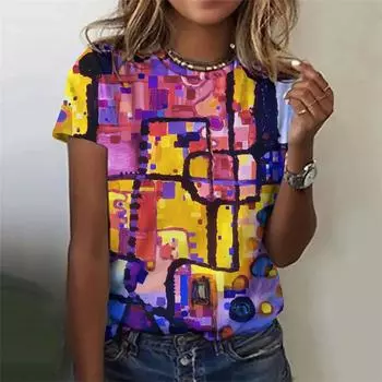 3D-печатная цветная женская футболка с геометрическим узором в полоску, летняя футболка с короткими рукавами и круглым вырезом S