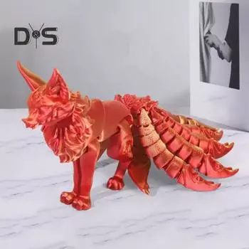 3D-печатная фигурка лисы с девятью хвостами и конечностями, фигурка животного, гибкая игрушка-фиджет для стола для снятия стресса 18cm золотой/розовый