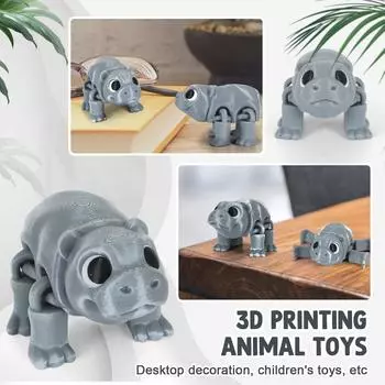 3D-печатная подвижная игрушка бегемот, бегемот с подвижными суставами, 3D-печатная игрушка-украшение бегемот, снятие стресса, подвижный бегемот серый