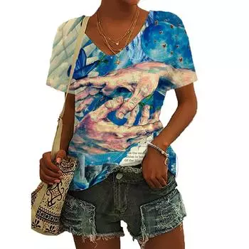 3D-печатная повседневная уличная женская мода с короткими рукавами и V-образным вырезом, напечатанная футболка с короткими рукавами, летняя новая модель 2024 года Y2K S