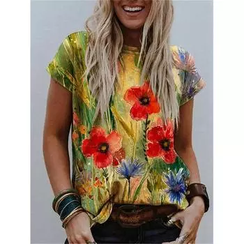 3D-печатная винтажная футболка с цветочным принтом для женщин Красочные графические футболки Летние свободные футболки в стиле Харадзюку с круглым вырезом и короткими рукавами S