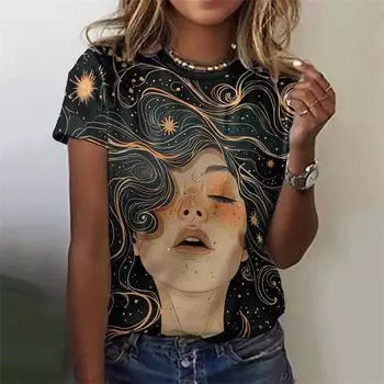 3D-печатная винтажная женская футболка с рисунком звездного неба и цветочным узором, летние повседневные футболки с коротким рукавом и круглым вырезом, свободные футболки S