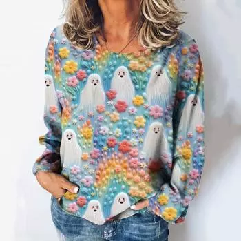 3D-печатная женская футболка с рисунком на Рождество и Хэллоуин, круглый вырез, длинные рукава, весна/осень, повседневный праздничный топ с милым мультяшным рисунком S