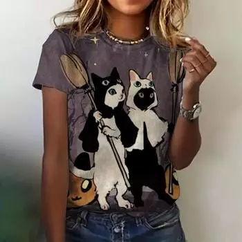 3D-печатная женская одежда, женская футболка, модная круглая горловина с коротким рукавом, забавный узор для кошек, летняя свободная дышащая футболка, повседневная одежда S