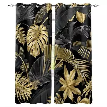 3D печатные золотые листья, черный фон, оконные шторы для гостиной, кухни, занавески для спальни, декоративные украшения для окон W50H130(CM)x2&Hook