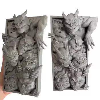 3D-печатный демонический книжный уголок на Хэллоуин, жуткая смоляная резная статуя дьявола, призрачное лицо, скульптура, книжная полка