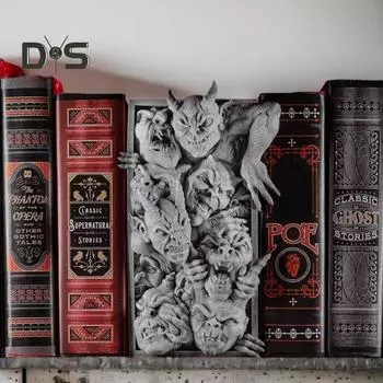3D-печатный демонический книжный уголок на Хэллоуин, жуткая смоляная резьба, лицо дьявола, статуя, скульптура, вставка для книжной полки, украшение, орнамент A