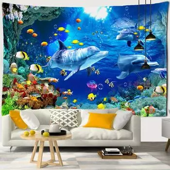 3D-печатный гобелен Психоделический океанский мир Красивая рыба большой гобелен настенный морской декор для дома Пляжное полотенце W150xH100cm