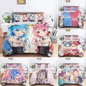 3D-печатный комплект постельного белья с изображением аниме Re Zero Ram Rem, пододеяльник для спальни, односпальное одеяло, двуспальное одеяло, домашний текстиль 70x133cm 2pcs