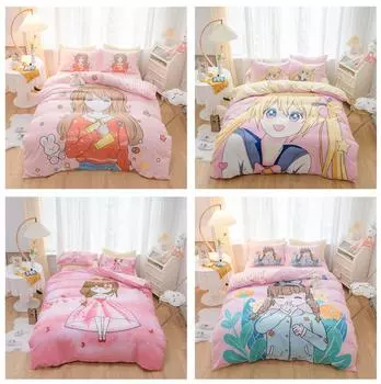 3D печатный мультфильм Красивая девушка Постельное белье Девушка Комната Пух Пододеяльник Наволочка 2/3 шт. EU135 * 200 Супер большая кровать Мягкая молния Домашний текстиль Baby 100x135cm