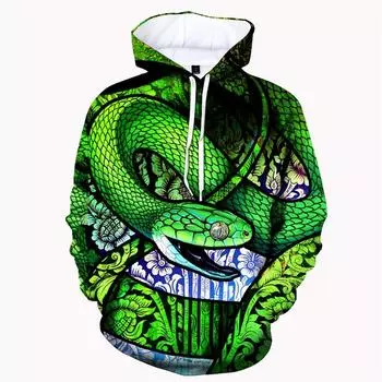 3D-печатный рисунок в виде змеи с капюшоном для мужчин и женщин, персонализированная модная уличная толстовка с капюшоном, длинный рукав, пуловер, мужская мода S