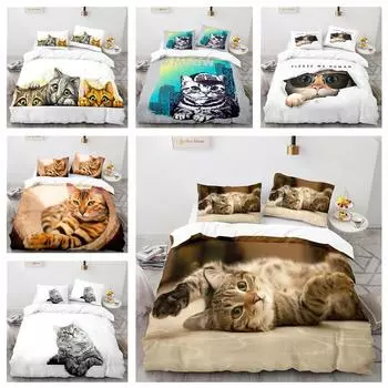 3D Pet Cat Комплект постельного белья King Queen Кровать Чехол Наволочка 2/3 шт Милые животные Мягкий чехол Подарок Односпальная кровать Двуспальная кровать Baby 100x135cm