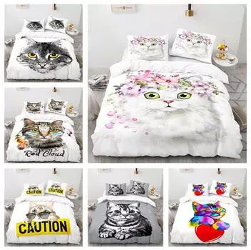 3D Pet Cat Комплект постельного белья King Queen Кровать Чехол Наволочка 2/3 шт Милые животные Мягкий чехол Подарок Односпальная кровать Двуспальная кровать Baby 100x135cm