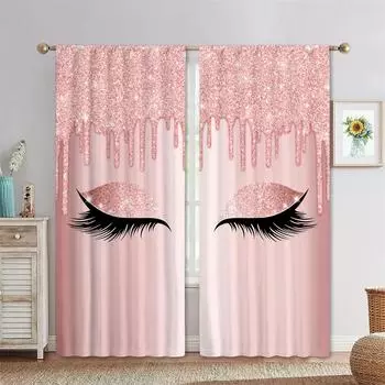 3D Pink Blue Yellow Eyelash Eyes Thin Shading Curtain for Living Room 2Pieces Kids Bedroom Children WindowsBathroom Decor Hooks W55 X H120cm X 2&HOOK