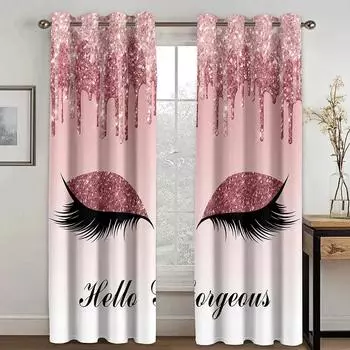 3D Pink Blue Yellow Eyelash Eyes Thin Shading Curtain for Living Room 2Pieces Kids Bedroom Children WindowsBathroom Decor Hooks (50Wx50H)x2(CM)&Hook