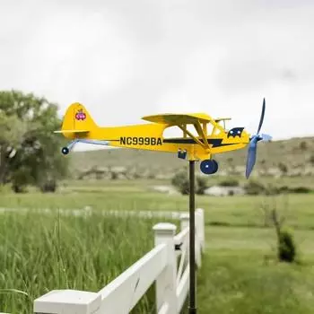 3D Piper J3 Cub Wind Spinner Plane Metal Airplane Fluge Wane Outdoor Plug-in Windmill Direction Wind Direction Compass Garden Decoration