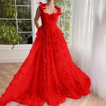 3D платья для выпускного вечера с бабочками, длинное кружевное тюлевое бальное платье с аппликацией для женщин, вечернее платье с разрезом 14 красный