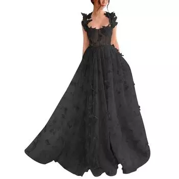 3D платья для выпускного вечера с бабочками, длинное кружевное тюлевое бальное платье с аппликацией для женщин, вечернее платье с разрезом 12 чёрный