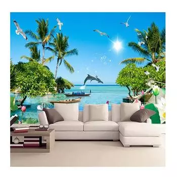 3D Пляжный постер Фотообои Голубое небо Белые облака Кокосовая пальма Морской пейзаж Настенная живопись Гостиная Диван Спальня Фреска 200 cm(W) x 140 cm(H)