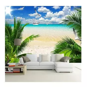 3D Пляжный постер Фотообои Голубое небо Белые облака Кокосовая пальма Морской пейзаж Настенная живопись Гостиная Диван Спальня Фреска 200 cm(W) x 140 cm(H)