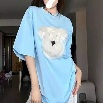 3D плюшевая собака женская футболка свободные короткие рукава женские летние топы однотонные повседневные женские футболки с круглым вырезом M чёрный