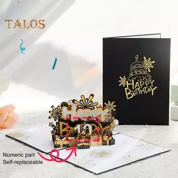 3D Pop Up открытки на день рождения Поздравительная открытка с тортом на день рождения с поздравительной открыткой и конвертом Открытка на день рождения ручной работы золотистый/чёрный