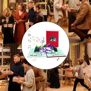3D Pop Up Рождественская поздравительная открытка Сезонная 3D Рождественская поздравительная бумажная открытка с успокаивающей музыкой и сияющими огнями