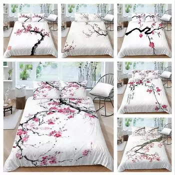 3D Постельное белье с цветком сливы, полноразмерный белый фон, цветочный узор, комплект покрывала из ткани из микрофибры с застежкой-молнией, моющееся мягкое украшение для дома Baby 100x135cm