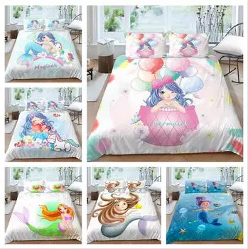 3D постельное белье с русалкой, пододеяльник с рисунком маленькой девочки, наволочка из 2 или 3 предметов для комнаты для девочек, детская комната, мягкая моющаяся молния, украшение для дома Baby 100x135cm
