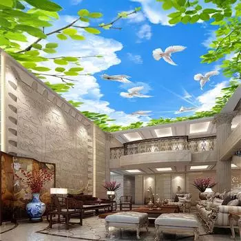 3D потолочные фрески Белое облако голубое небо фотообои летящий голубь зеленые листья растений обои для современного настенного домашнего декора 200 cm(W) x 140 cm(H)