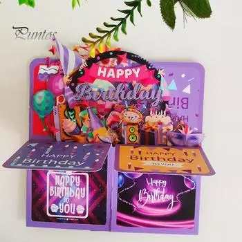 3D поздравительная открытка ручной работы с днем рождения, для взрослых и детей, праздничная открытка ручной работы, складная праздничная открытка фиолетовый