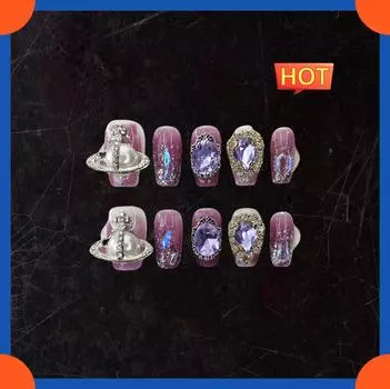 3D-прессовка на ногтях ручной работы с бриллиантами и жемчугом Charm Purple S