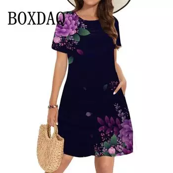 3D-принт А-силуэта Женское платье-пуловер с круглым вырезом и коротким рукавом Женское модное летнее повседневное свободное вечернее платье XS