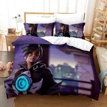 3D Print Anime Overwatch Widowmaker Bedding Set Bed Cover Pillow Case 3 P CS Cartoon Anime Character Duvet Cover For Boys Queen EU single(135x200cm)