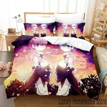 3D Print Anime Re Zero Rem Ram Emilia Bedding Set Boys Girls Twin Queen King Size Duvet Cover Pillowcase Bed boys Adult 70x133cm 2pcs