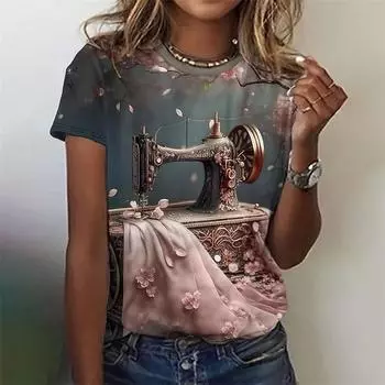 3D-принт Арт Винтаж Футболка Для Женщин Шитье Зеркало Масляная Лампа Узор Футболки Летние Повседневные Короткие Рукава Свободные Футболки Топ О-Образным Вырезом XL